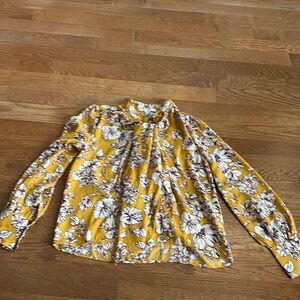 Forever 21 small mustard yellow floral long sleeve blouse with neck tie scarf